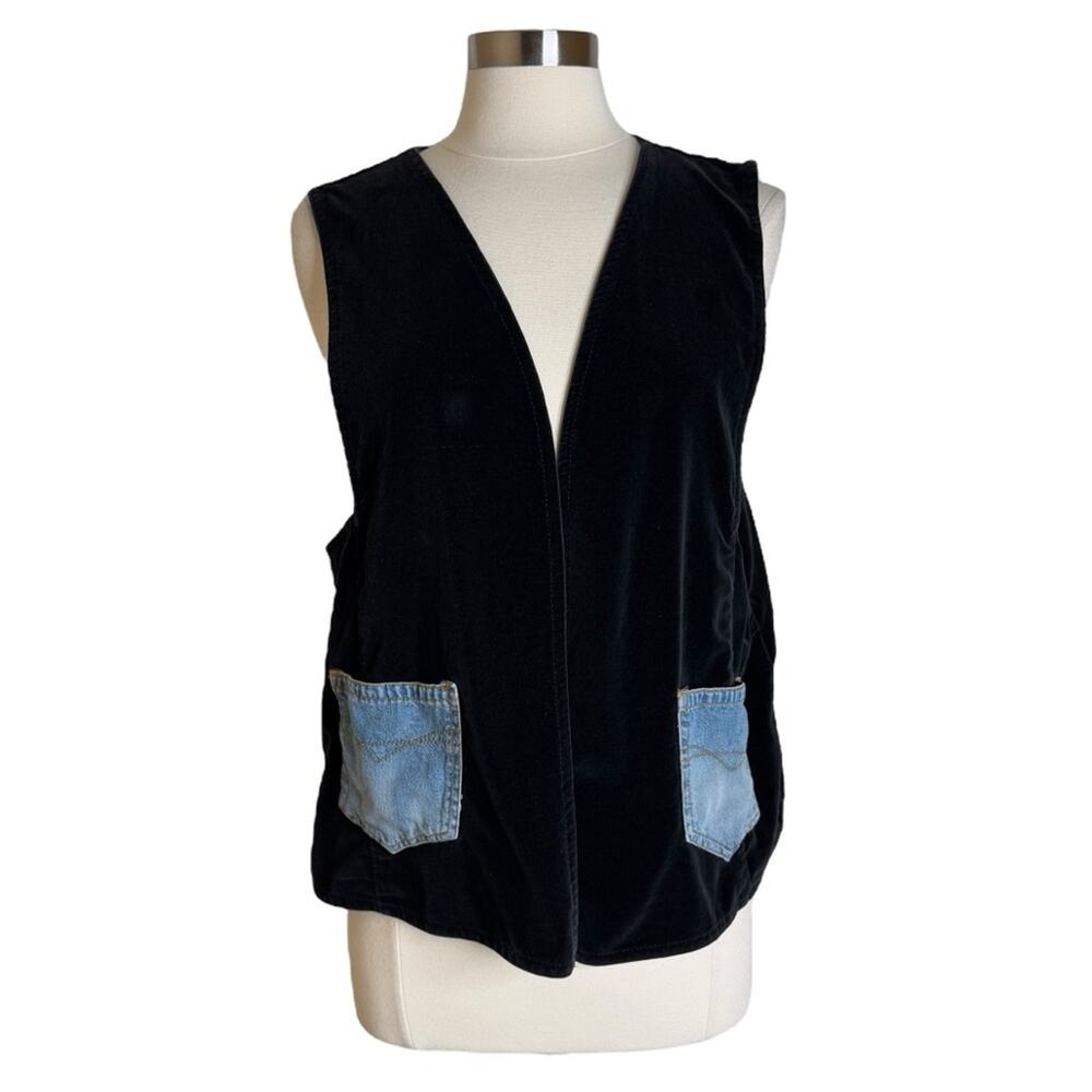 Vintage Democracy Black Velvet Western Vest with Denim Pockets Women's Large